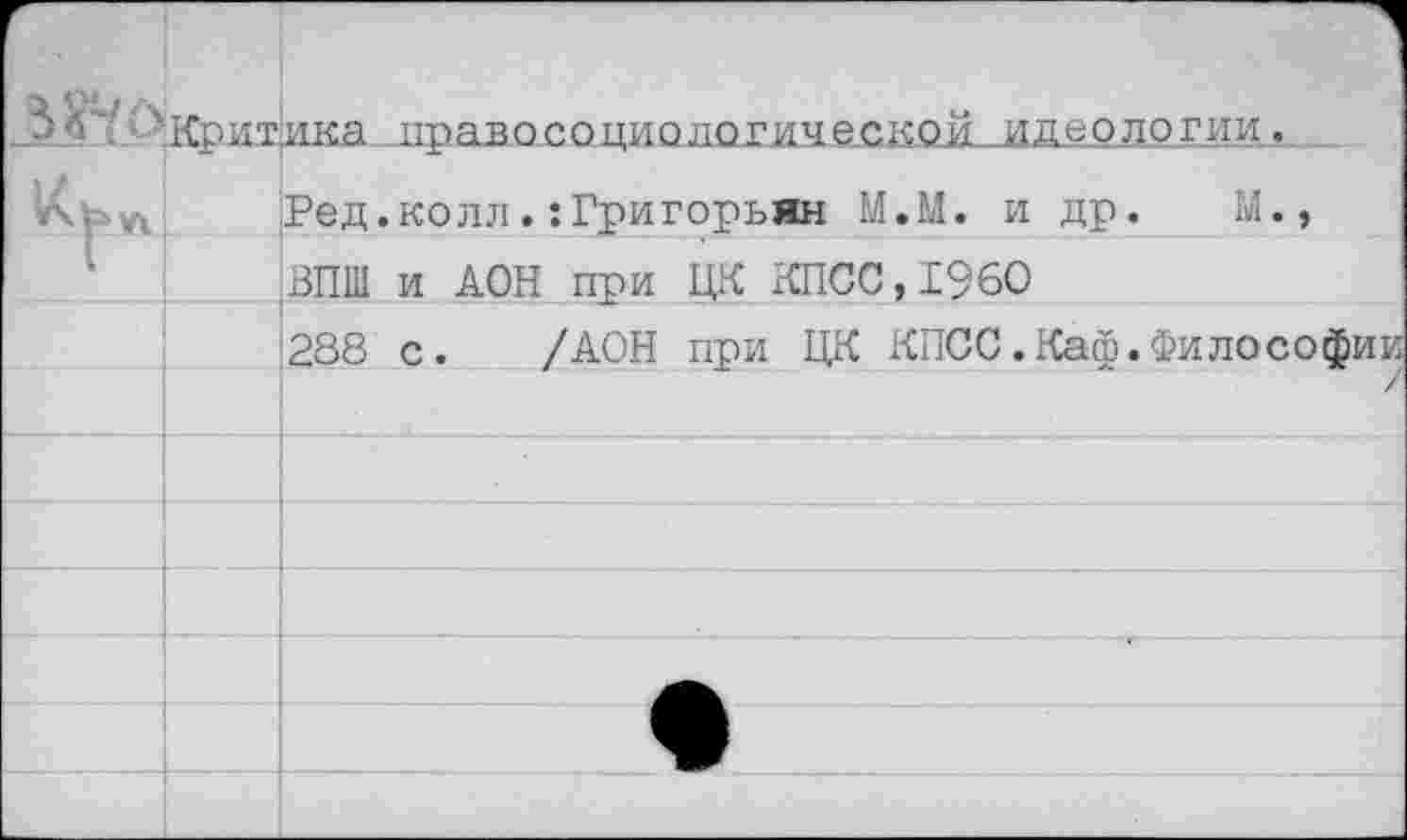 ﻿ЗЛ"' 'Критика правосоциологической идеологии.
Кь/1.	Ред.колл.:Григорьян М.М. и др. М.,
|ВПШ и ДОН при ЦК КПСС, 1960
288 с. /ДОН при ЦК КПСС.Каф.Философии